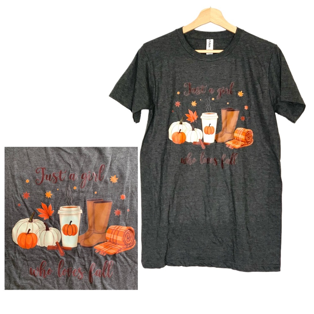 Just a Girl Who Loves Fall Short Sleeve T-Shirt Gray Pumpkins Coffee Small NWOT